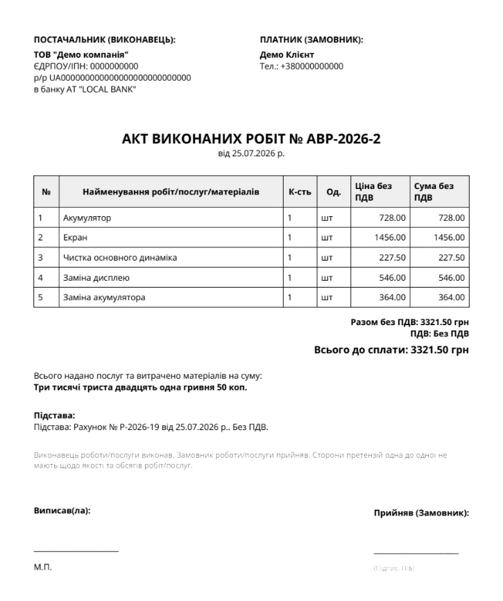 Автоматично сформований акт виконаних робіт у CLD EXATO